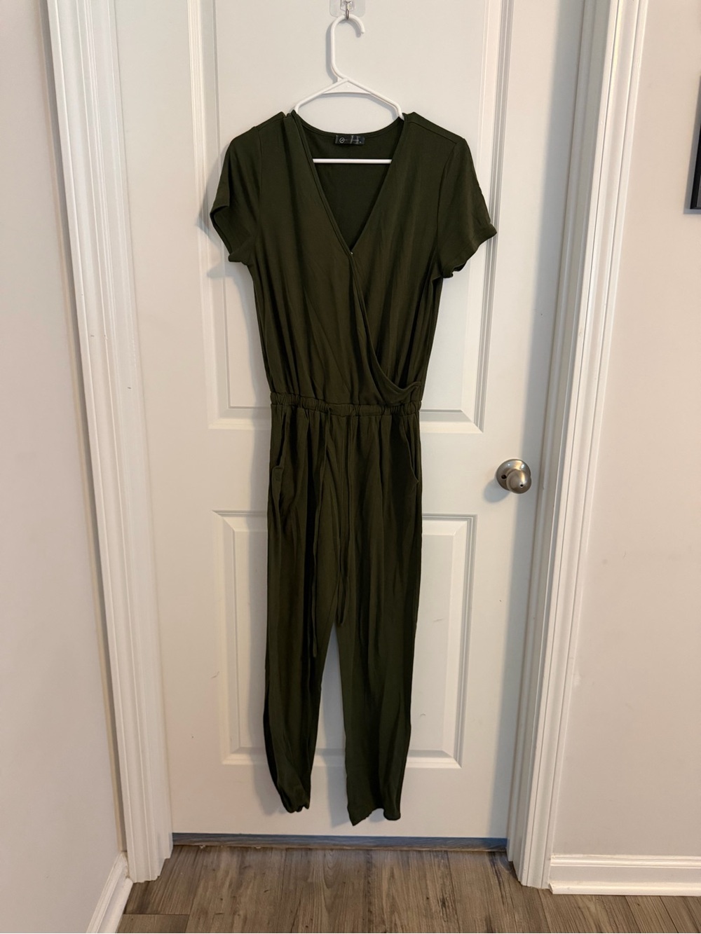 Short-Sleeve Olive Green Wrap Jumpsuit